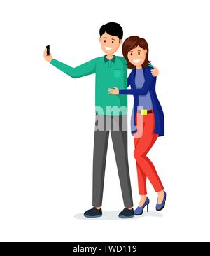 Husband and wife taking selfie vector illustration. Happy married couple in casual clothes cartoon characters. Romantic date, cheerful young pair, romance, relationship isolated flat design element Stock Vector