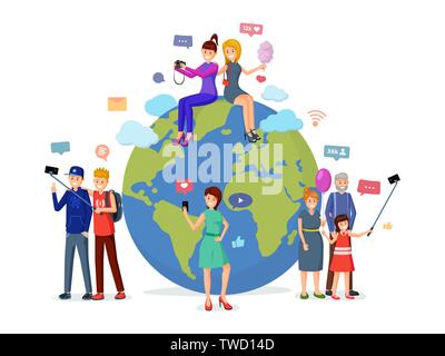 Worldwide social media leisure vector illustration. Happy bloggers, travelers, streamers taking selfie cartoon characters. Global online communication network, internet technology, modern lifestyle Stock Vector
