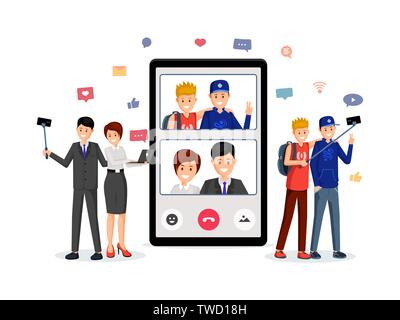 Video call, family talk vector illustration. Mother, father and sons on smartphone screen cartoon characters. Parents and kids communication, video conference app, internet technology flat design Stock Vector
