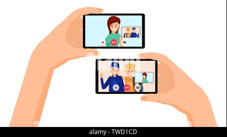 Video call, friends conversation illustration. Hands holding smartphones with happy woman and teenagers on screen. Internet friends, modern online communication, distant friendship flat design Stock Vector