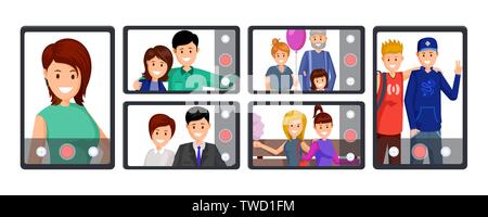 Group video call, conference vector illustration. People taking selfie, recording video, streaming live cartoon characters. Online communication, mobile technology, blogging business cliparts set Stock Vector