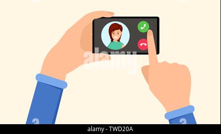 Ringing smartphone, Incoming call UI illustration. Hand holding phone and finger pointing at respond button. Answer or decline option, phone call screen interface with avatar flat design Stock Vector