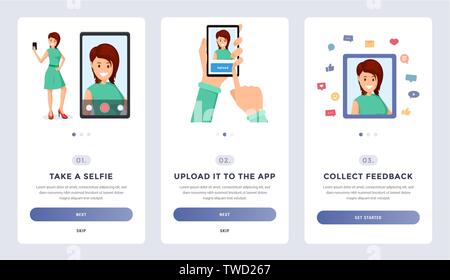 Mobile photo application screen flat illustration. Social media account growth, website onboarding screen with buttons and text space. Woman taking selfie and collecting feedback cartoon character Stock Vector