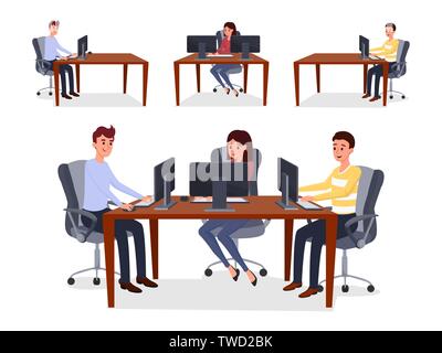 Colleagues, programmers team vector illustration. Happy men and woman sitting in chairs working with computers cartoon characters. Cooperative programming, web development, coworking flat design Stock Vector