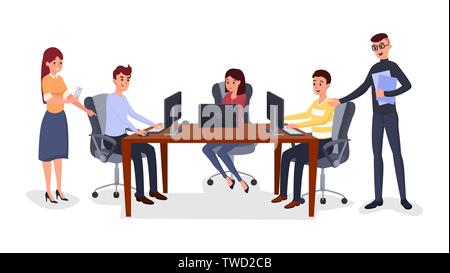 Business meeting, team management illustration. Friends, students working together cartoon characters. Team building exercise, coworkers business development discussion, brainstorm process flat design Stock Vector