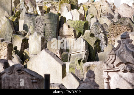 old Jewish cemetery in Prague tombstones closeup Stock Photo