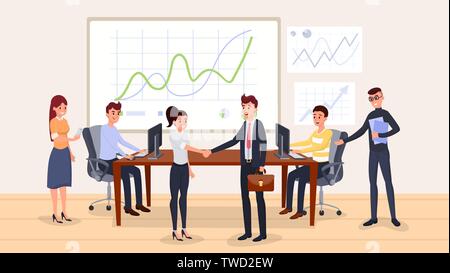 Business negotiation flat vector illustration. Smiling people shaking hands cartoon characters. Office, conference room interior teamwork discussion, successful meeting, corporate cooperation agreement Stock Vector