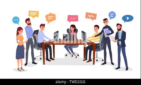 Team brainstorm, idea generation flat illustration. Smiling colleagues group cartoon characters. Cooperative problem solution, coworkers planning business development strategy, coworking flat design Stock Vector