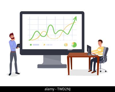 Business presentation, report vector illustration. Businessman and personal assistant cartoon characters. Financial literacy, statement, stock market metrics, profit forecast, data analysis Stock Vector