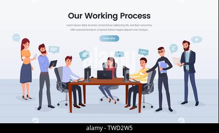 Business team working process landing page layout. Company cooperation webpage concept. Smiling colleagues brainstorm, office coworkers conference flat vector illustration with text space Stock Vector