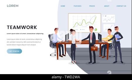 Teamwork, business coaching landing page template. Business development training classes, school website webpage concept. Successful people shaking hands, coworking vector illustration with copyspace Stock Vector