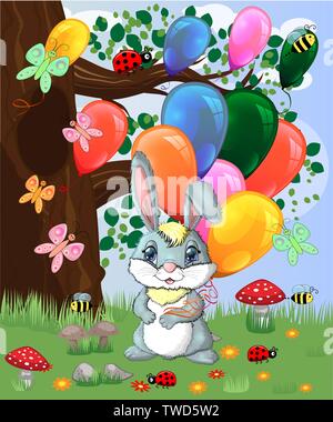 Cute cartoon bunny with an armful of balls in a forest glade. Spring, love, postcard Stock Vector