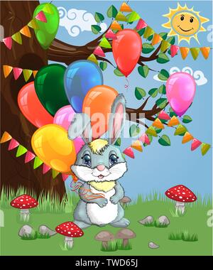 Cute cartoon bunny with an armful of balls in a forest glade. Spring, love, postcard Stock Vector