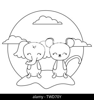 cute elephant with mouse in landscape vector illustration design Stock Vector