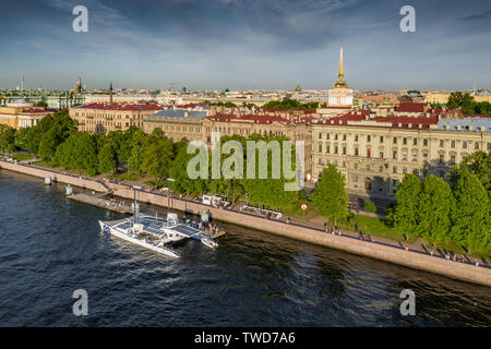 The French Catamaran Energy Observer against sights of the city, working for pure and renewables source of energy, solar energy, wind power, Admiralty Stock Photo