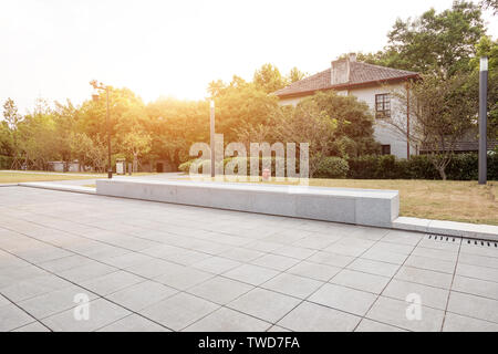 Empty marble floor near green forest Stock Photo