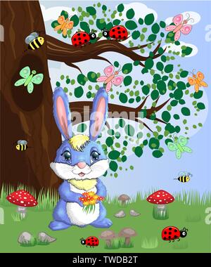 Blue bunny with a bouquet on a forest glade. Spring, love, postcard Stock Vector
