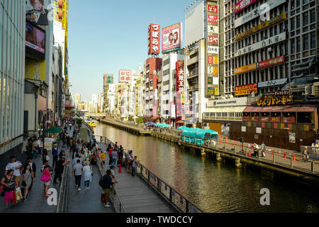 Osaka, Japan, 29th, May, 2017. The signboards at Ebisu Bridge on the Dotonbori Canal. Shinsaibashi is a district in the Chuo-ku ward of Osaka, Japan. Stock Photo