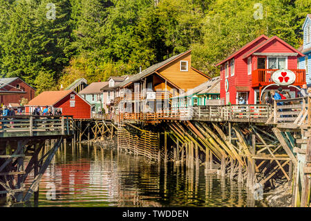 Sept. 17, 2018 - Ketchikan, AK: Historic colorful wooden buildings and former red light district of Creek St,.on boardwalk above Ketchikan Creek. Stock Photo