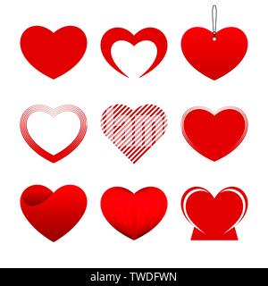 Red hearts on white background. Different hearts collection. Stock Vector