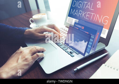 Digital marketing concepts with male working with computer laptop showing data interface for processing.Business  innovation strategy ideas Stock Photo