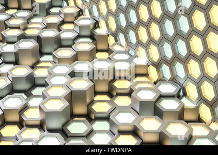 Golden hexagonal metallic background, three-dimensional rendering Stock Photo