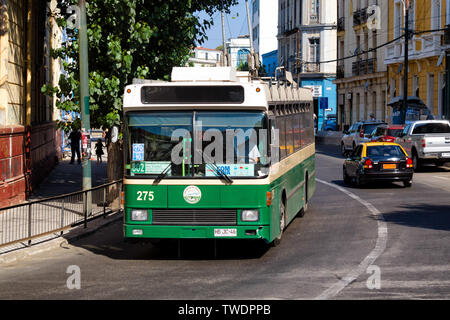 SANTIAGO, CHILE - JANUARY 2016: One the imported Trolleybuses from Switzerland on Valparaiso Stock Photo