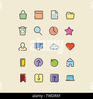Single line icons set with some color detailing and accent Stock Vector