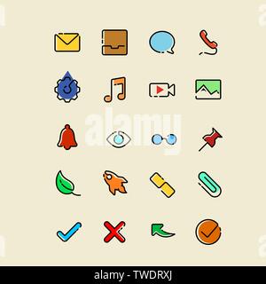 Single line icons set with some color detailing and accent Stock Vector