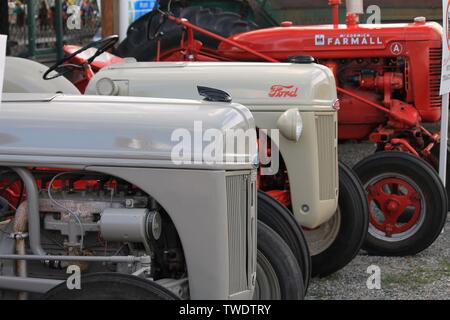 Restored antique Ford and International Harvester farm tractors on display at Evergreen State Fair in Monroe, Washington, Aug. 30, 2015 Stock Photo