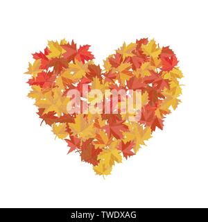Maple leaves in the shape of heart. Vector illustration. I love autumn. Greeting card. Red and yellow colors. Stock Vector