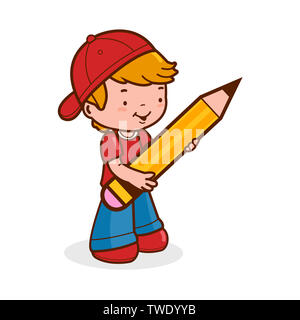 Illustration of a boy student holding a big pencil. Stock Photo