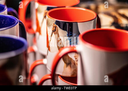 Paris, France, October 07, 2018: Louvre Museum, souvenirs for sale, tourist loot of famous painting Liberty Leading the People by Eugene Delacroix Stock Photo