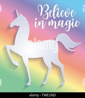 Beautiful silhouette of unicorn in paper cut style. Colorful rainbow background. Typography poster. Believe in magic slogan. Stock Vector