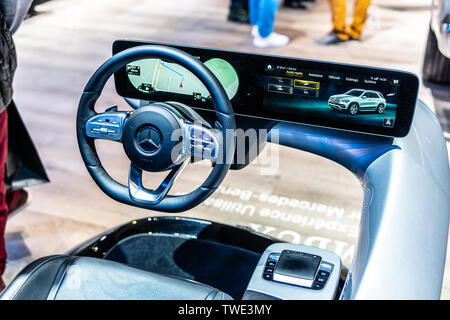 Paris, France, Oct 05, 2018 Mercedes driving simulator, cockpit intuitive intelligent multimedia system MBUX by Mercedes at Mondial Paris Motor Show Stock Photo