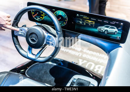 Paris, France, Oct 05, 2018 Mercedes driving simulator, cockpit intuitive intelligent multimedia system MBUX by Mercedes at Mondial Paris Motor Show Stock Photo