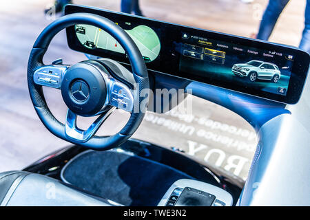 Paris, France, Oct 05, 2018 Mercedes driving simulator, cockpit intuitive intelligent multimedia system MBUX by Mercedes at Mondial Paris Motor Show Stock Photo