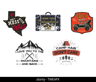 Vintage travel logos patches set. Hand drawn camping labels designs. Texas, backpacking, surfing. Outdoor hike emblems. Hiking logotypes collection Stock Vector