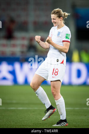 Nice. 19th June, 2019. Ellen White of England celebrates her scoring during the group D match between Japan and England at the 2019 FIFA Women's World Cup in Nice, France on June 19, 2019. Credit: Xiao Yijiu/Xinhua/Alamy Live News Stock Photo