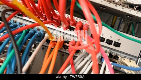 network server panel with colorful ethernet cable on switches in a school system Stock Photo