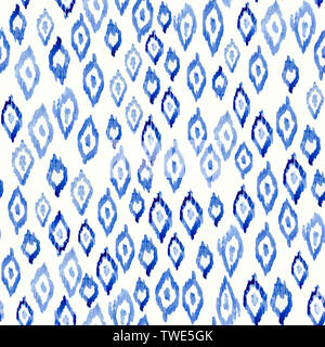 Seamless tie-dyed fabric blue watercolor on white pattern. Hand painted ikat ink style fabric print. Shibori dyeing. Stock Photo