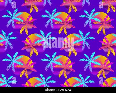 Seamless pattern with palm trees and the sun, colorful gradient in the style of the 80s. Summer retro background. Vector illustration Stock Vector