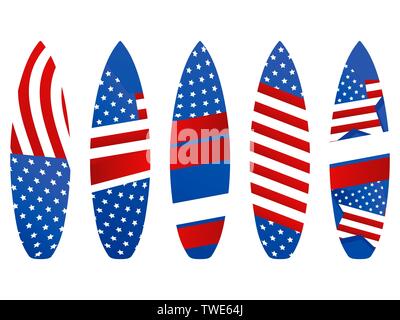 Surfboards with USA flag on a white background. Types of surfboards with a pattern. Vector illustration Stock Vector