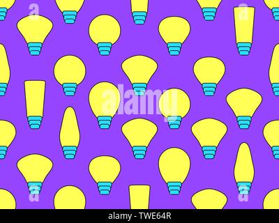 Light bulbs seamless pattern yellow and violet color. Vector illustration Stock Vector