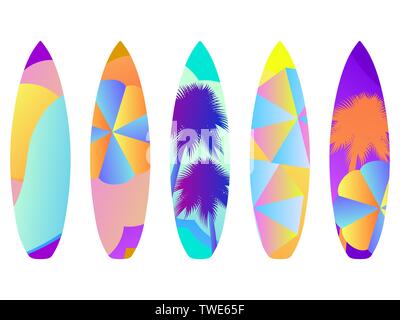 Surfboards on a white background. Types of surfboards with a pattern. Vector illustration Stock Vector