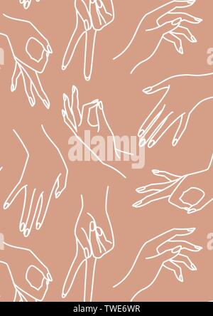 Woman's hand line pink and white Background. Vector Print of female hands of different gestures - victory, okay. Template A5 A4 A3 for wedding, invita Stock Vector