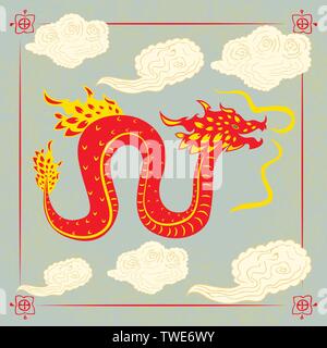 Traditional chinese Dragon character fly. Flat style. Vector illustration. Background sky, chinese clouds and frame Stock Vector