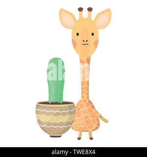 cute giraffe with exotic cactus in ceramic pot vector illustration design Stock Vector