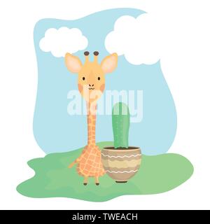 cute giraffe with exotic cactus in ceramic pot vector illustration design Stock Vector