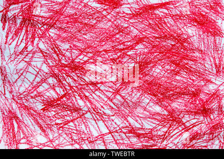 Child artwork. Red pencil drawings on white paper background texture. Stock Photo